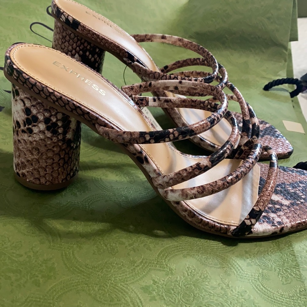 Express block heels snake print